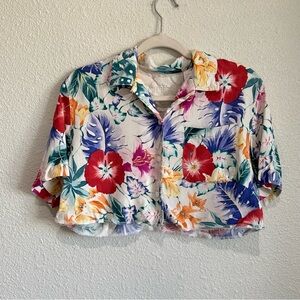 VTG 90's Silk Hawaiian Floral Colorful Button Down Boho Vacation Cropped